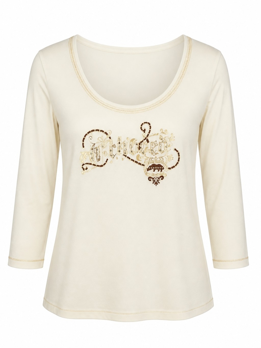Ecko Unlimited Cream Long Sleeve Scoop Neck Top with Gold & Brown Accent